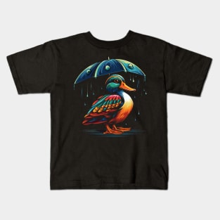 Mandarin Duck Rainy Day With Umbrella Kids T-Shirt